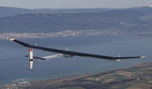 Solar Impulse HB-SIA prototype airplane attends his first flight over Payerne